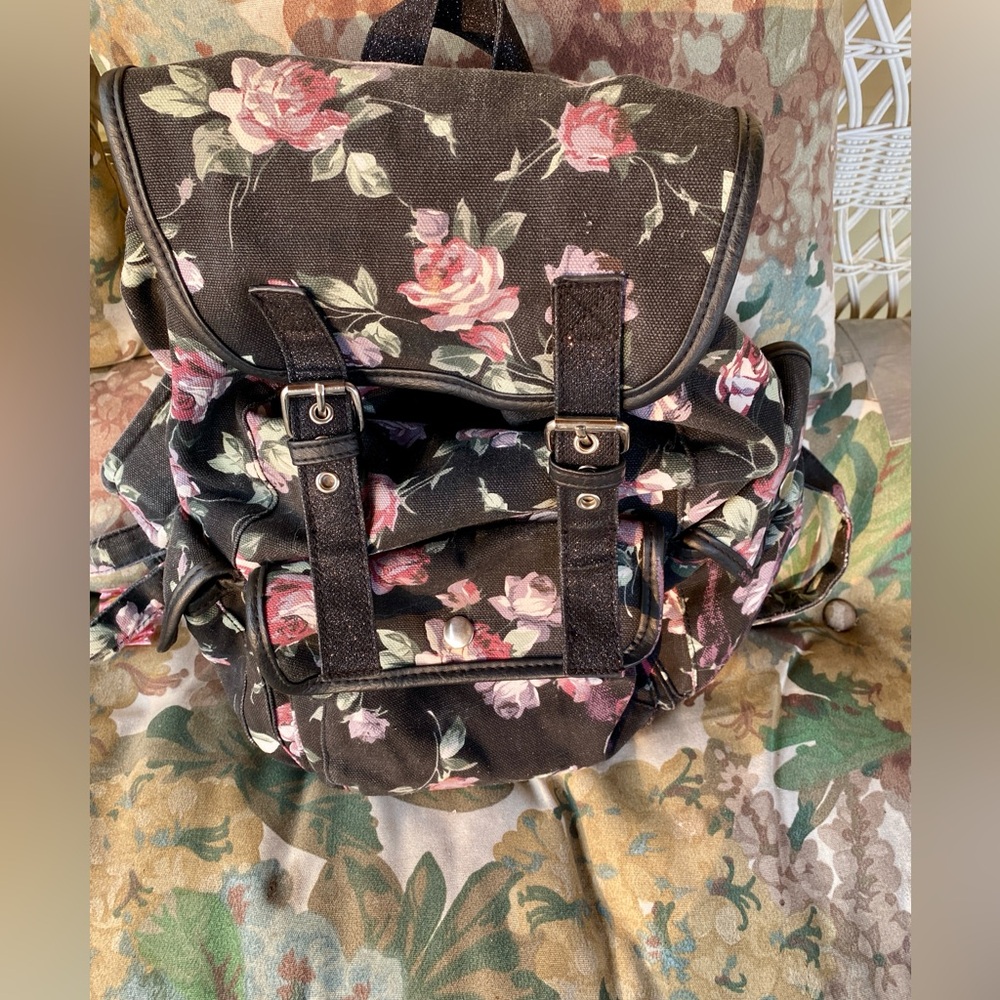 Candies Brand- Cotton Rose Floral Black Fabric Backpack.